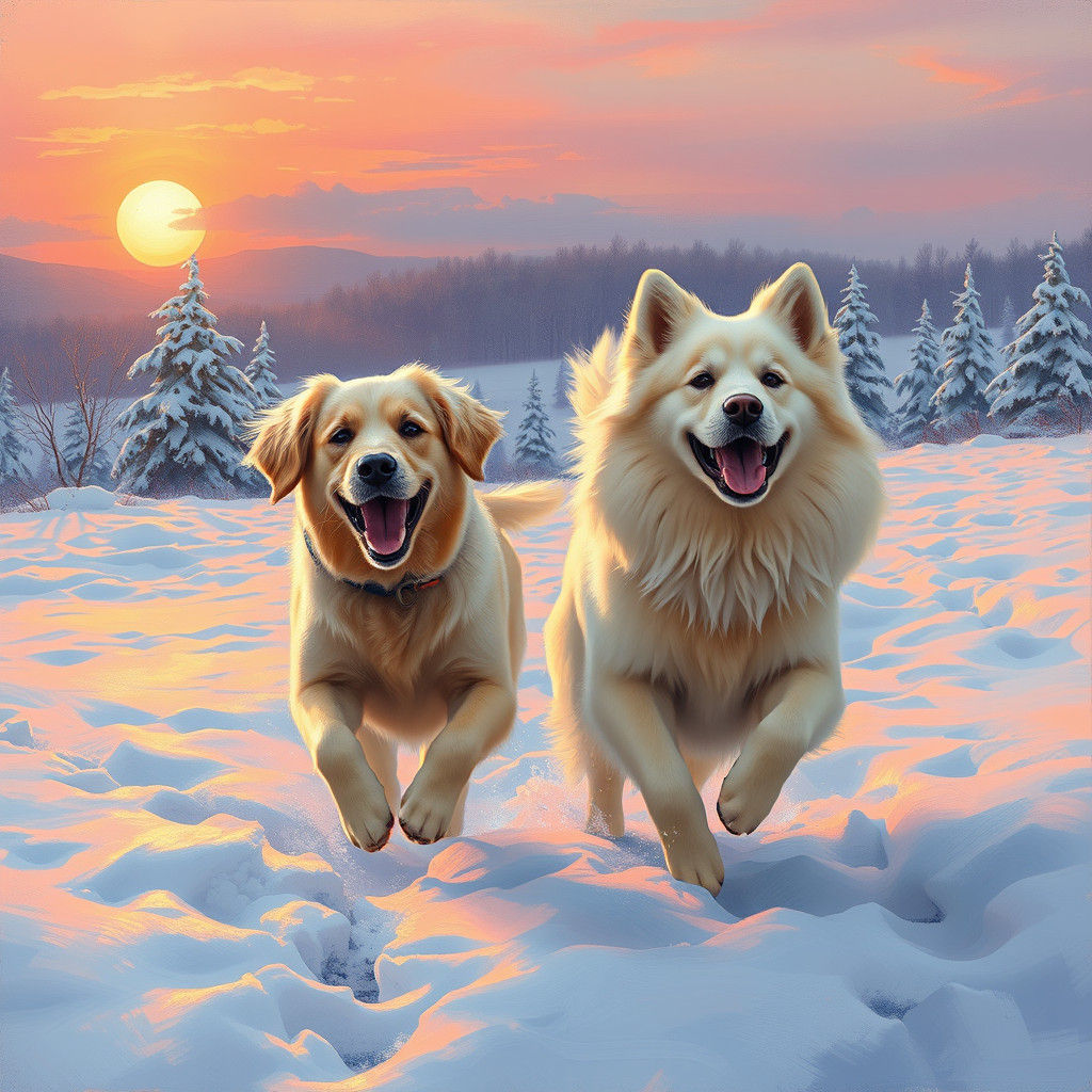 Golden Retriever and Samoyed Play in Snowy Sunset