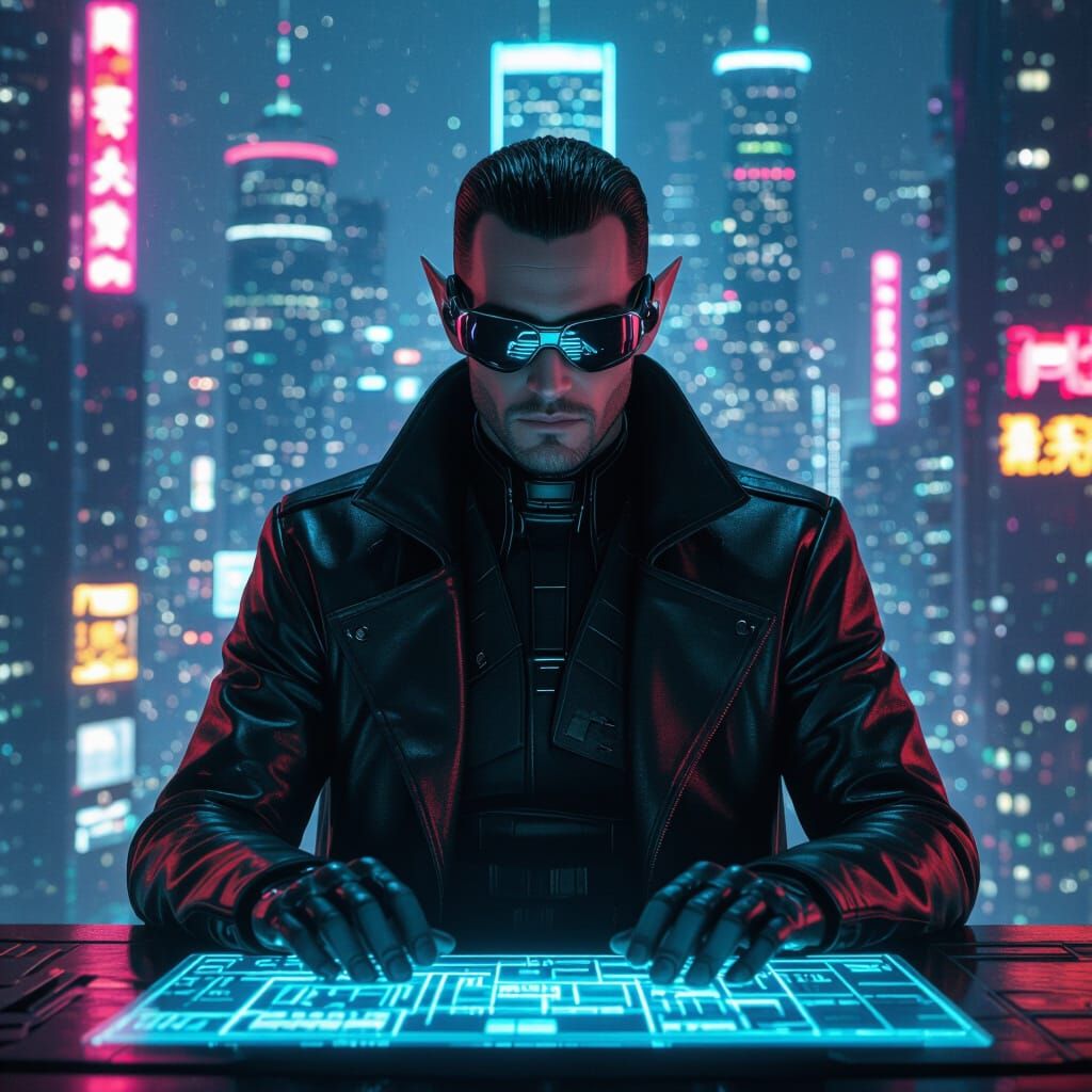 Futuristic Elf Hacker in Cyberpunk Seattle 2080