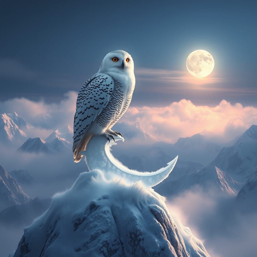 Regal Snowy Owl Amidst Snowy Mountains in Soft Moonlight