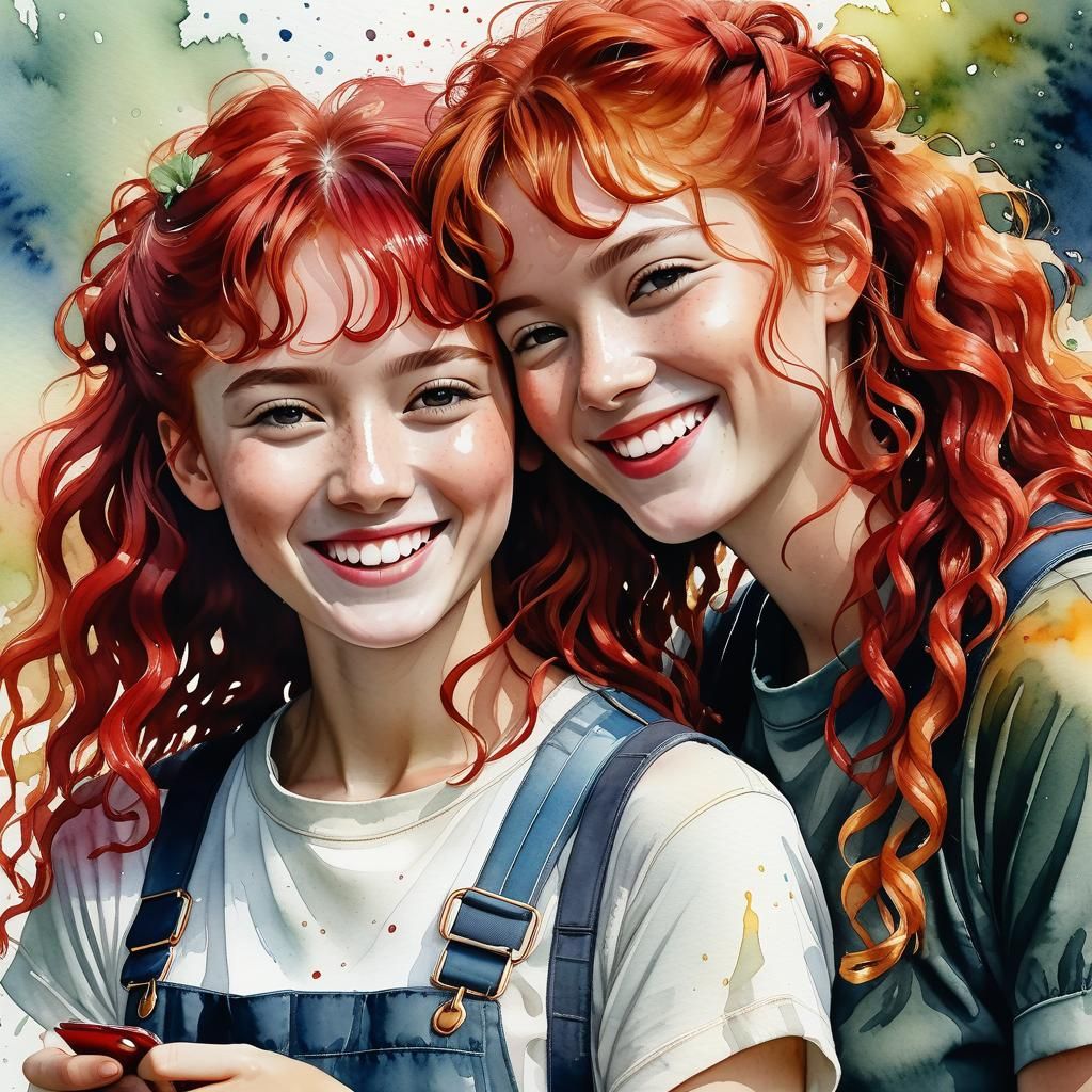 Red-Haired Twins Laughing in Watercolour Illustration