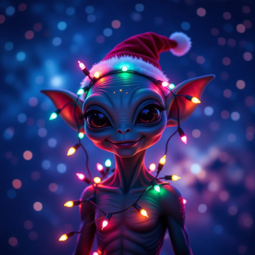 Festive Alien with Holiday Lights in Nebula