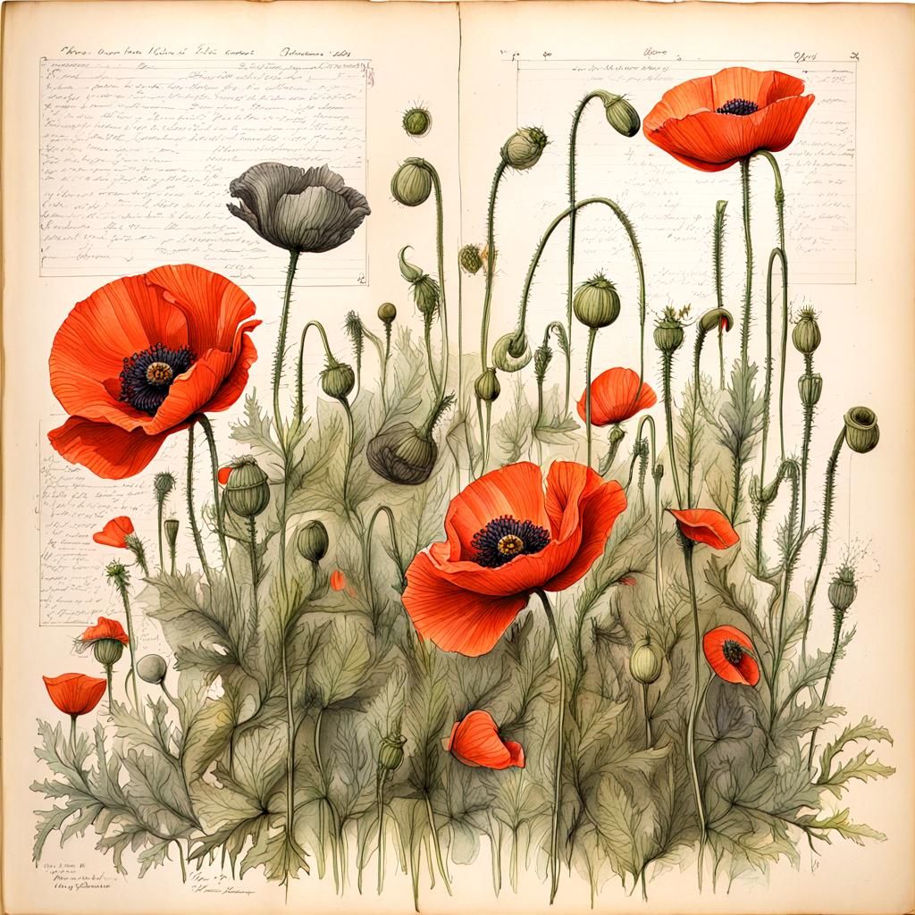 Botanical Ink Drawings of Colorful Poppies