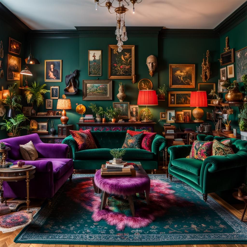Maximalist Dark Academia Living Room in Jewel Tones