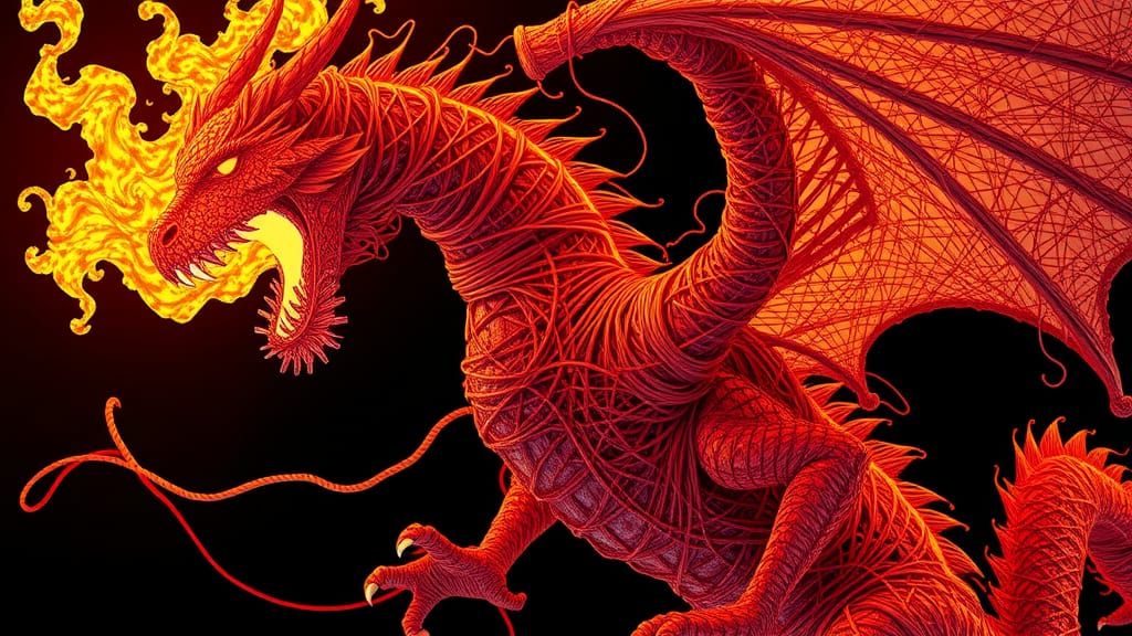 Majestic String Art Dragon Breathing Fire