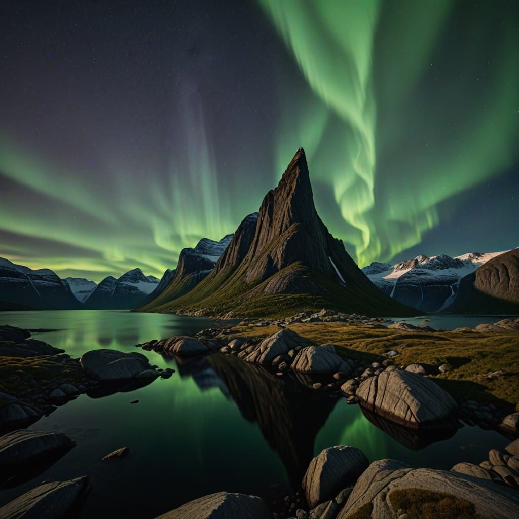 High definition photograph of The Spire of Segla, Senja, Norway. The Northern Lights fill the sky. The aurora borealis d...