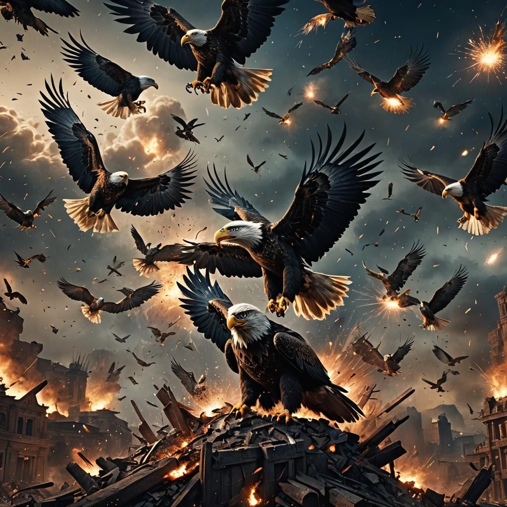 Exploding Eagles in Dramatic Night Digital Painting