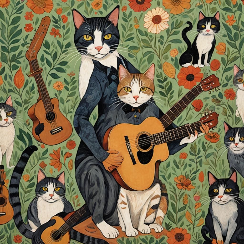 Cat Playing Guitar in Naive Art Style