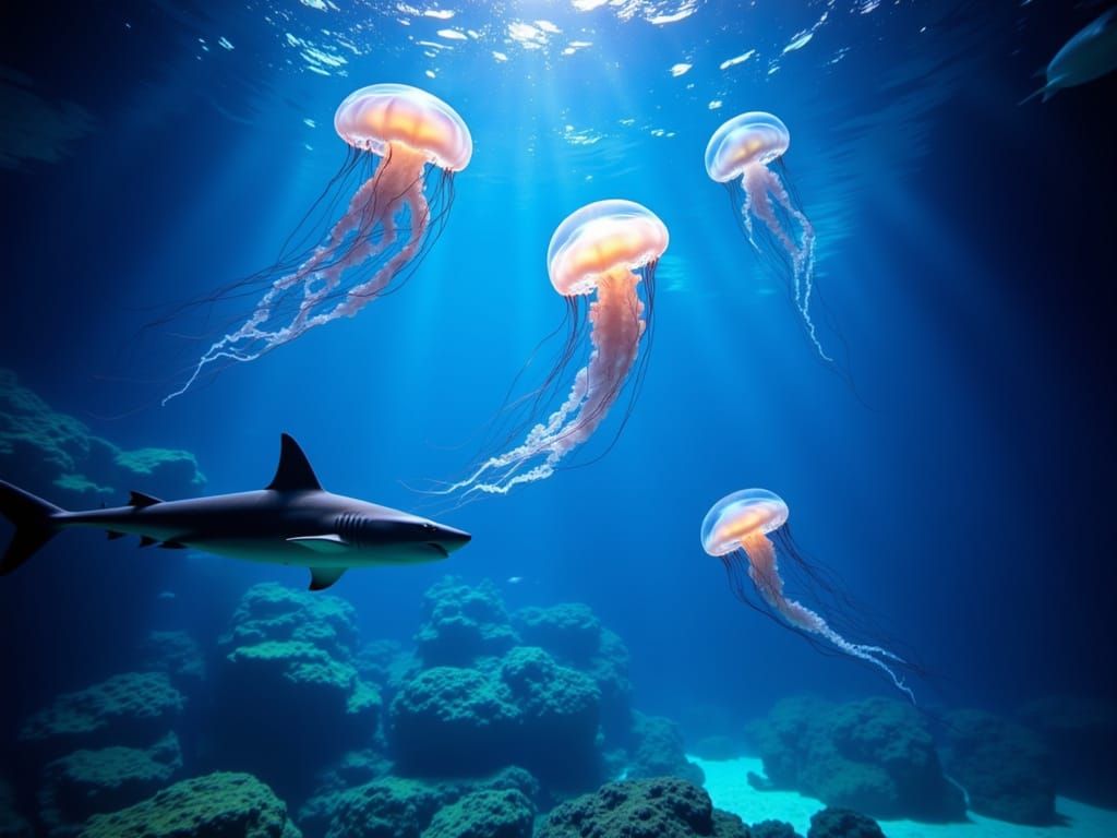 Shark Tank with Bioluminescent Jellyfish