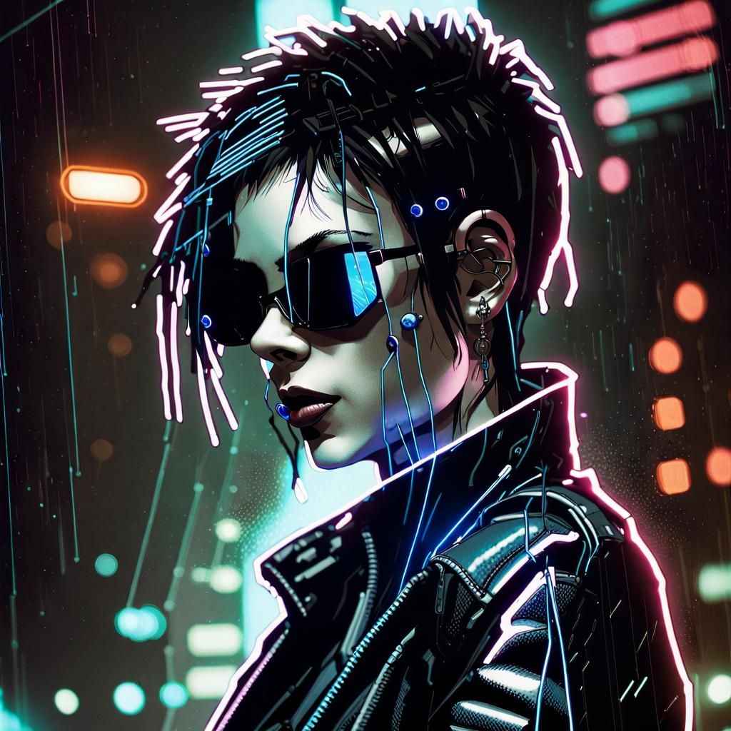 Cyberpunk Netrunner Portrait in Neon Cityscape