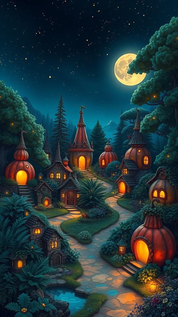 Whimsical Gourd Village at Night: A Fantasy Landscape