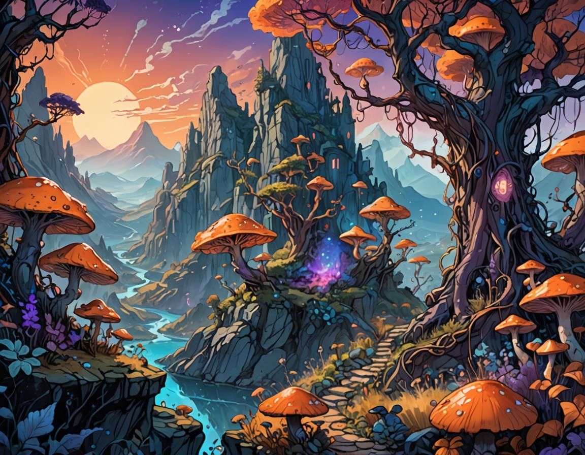 Dreamlike Fantasy Landscape with Scribbled Elements