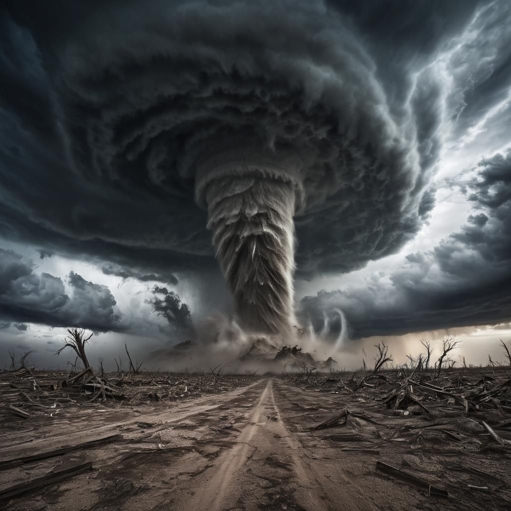 Dramatic Tornado Towers Over Barren Landscape