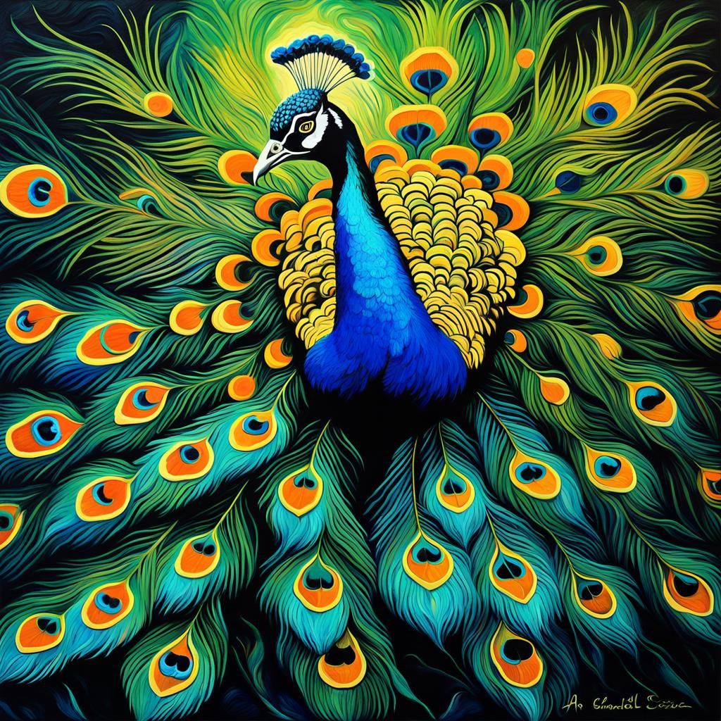 Mystic Peacock in Van Gogh Style Oil Painting