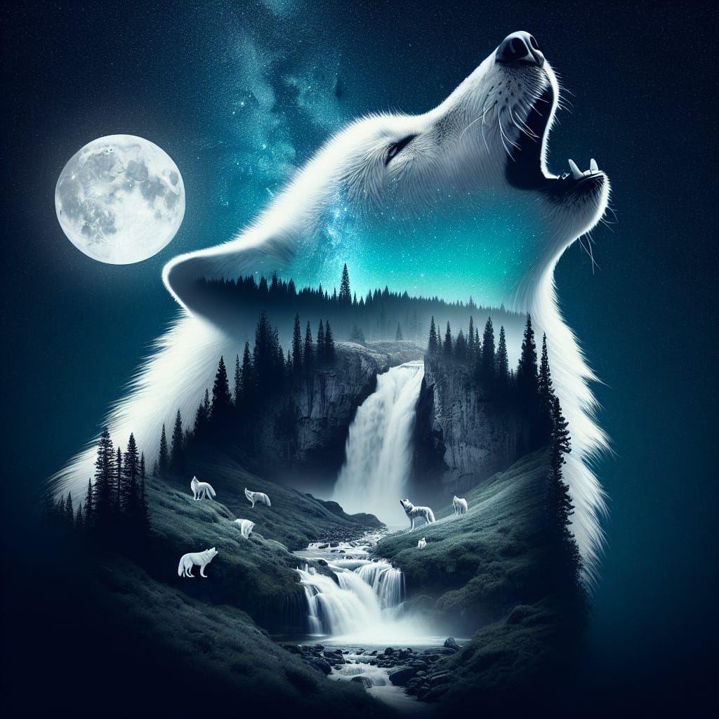 Double Exposure: Howling Wolf with Magical Landscape