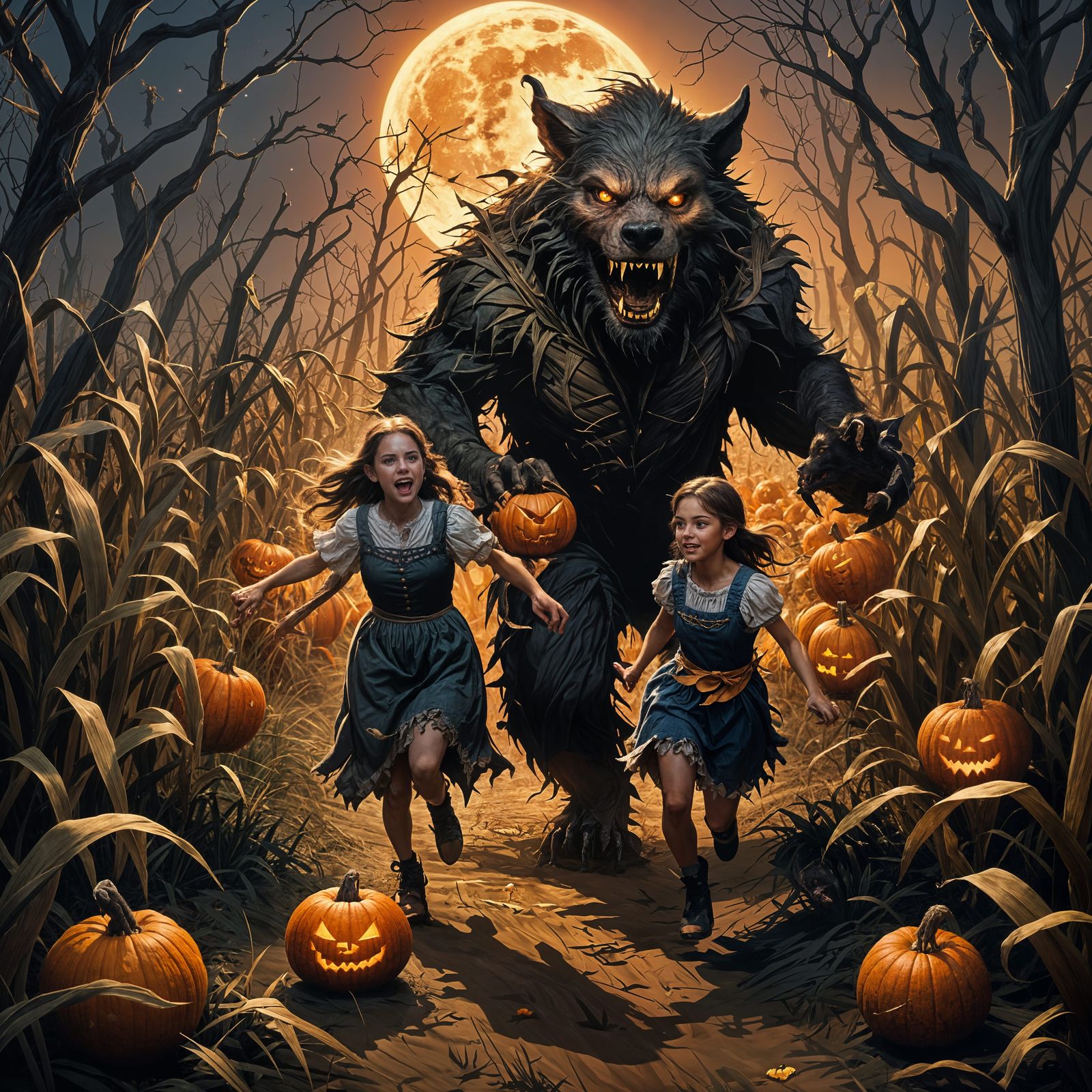 Werewolf Chasing Fairy in Corn Maze