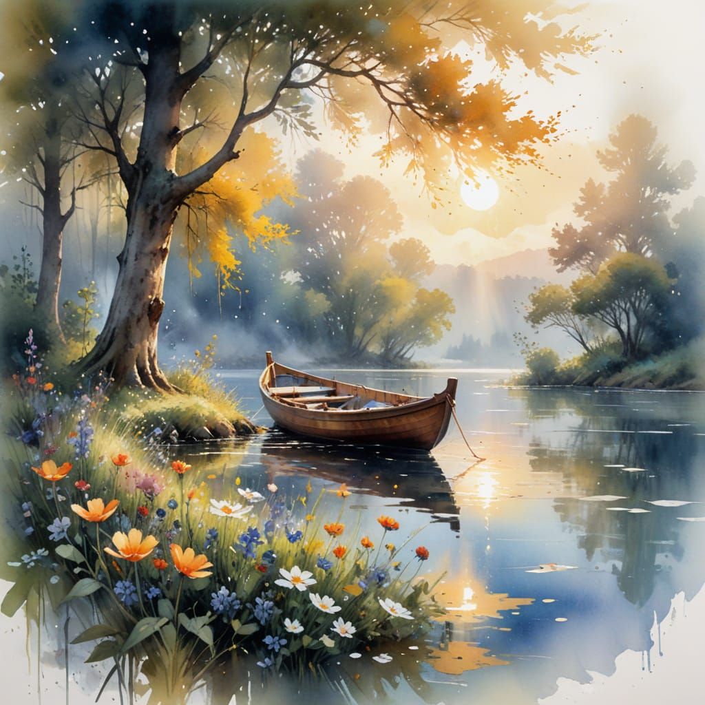 Sun-Dappled Lake: Sailing Boat in Watercolor Style