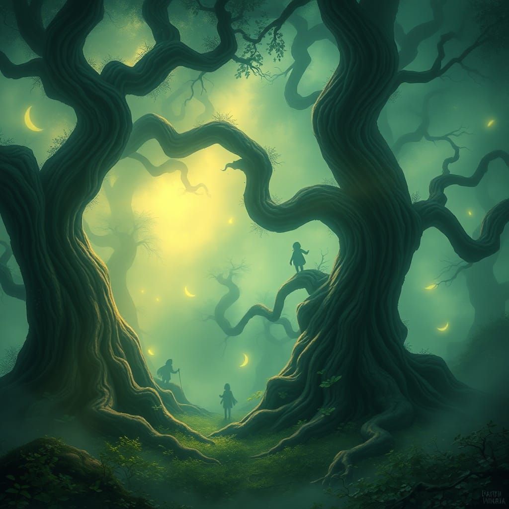 Enchanted Foggy Forest with Ethereal Light and Magical Creat...