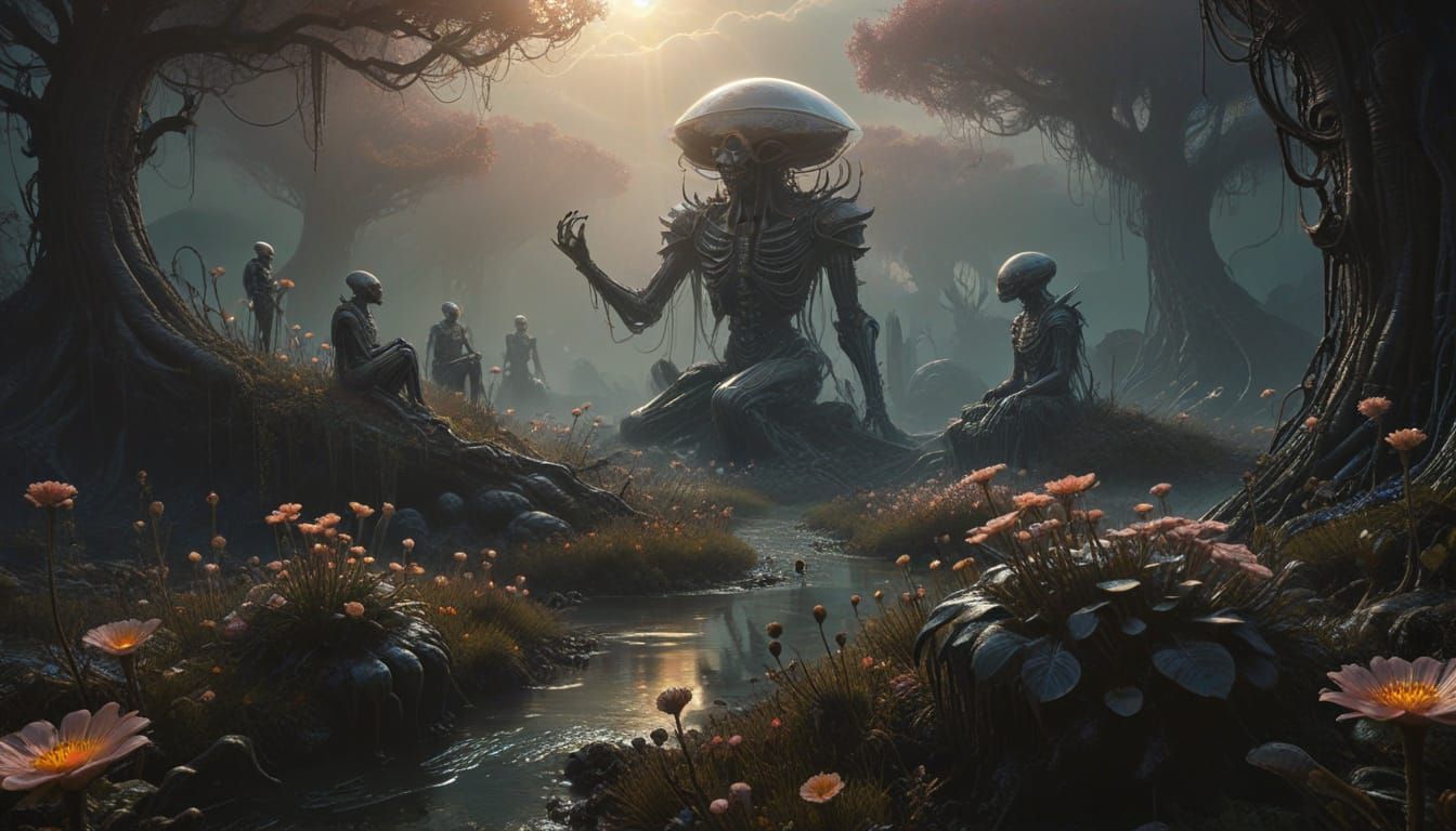 Surreal Jupiter Landscape with Iridescent Creatures