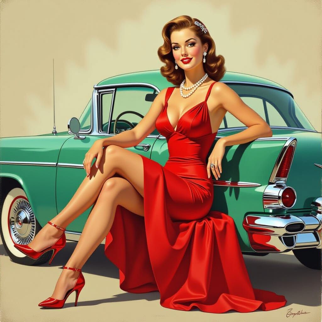 Vintage Pin-Up Girl in Red Dress