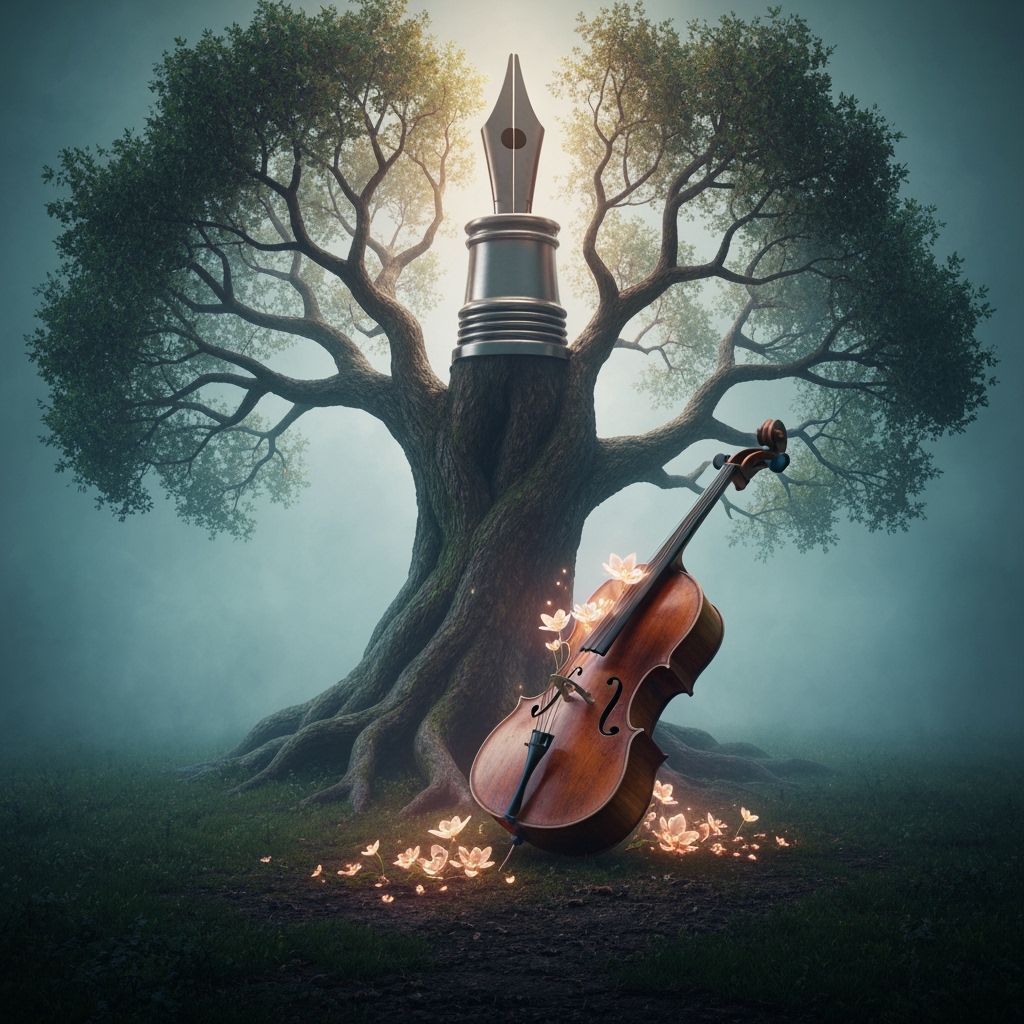 Cello Under Fountain Pen Tree: Hyperrealistic Digital Art