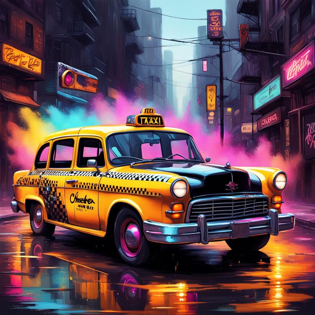 Checker Cab Hot Rod in Cyberpunk Street Art Style