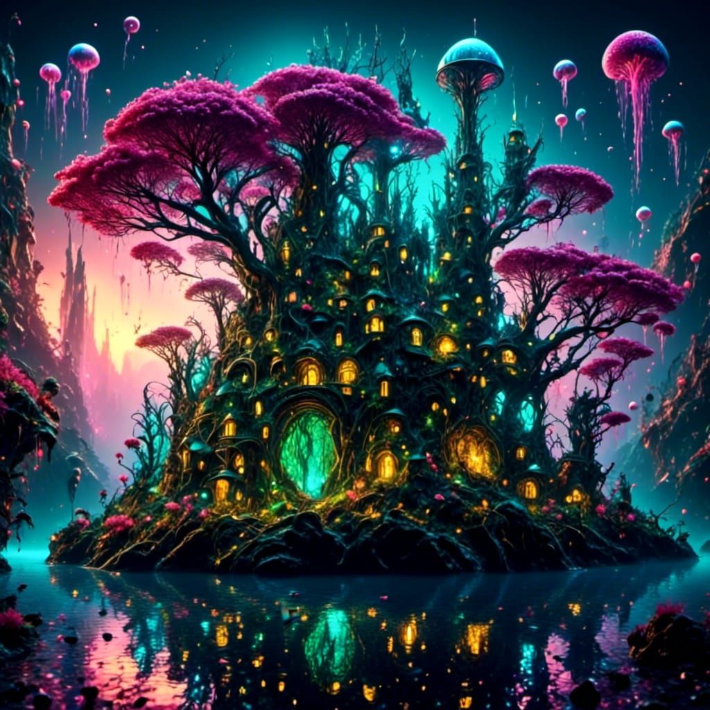 Futuristic Island City with Bioluminescent Ocean