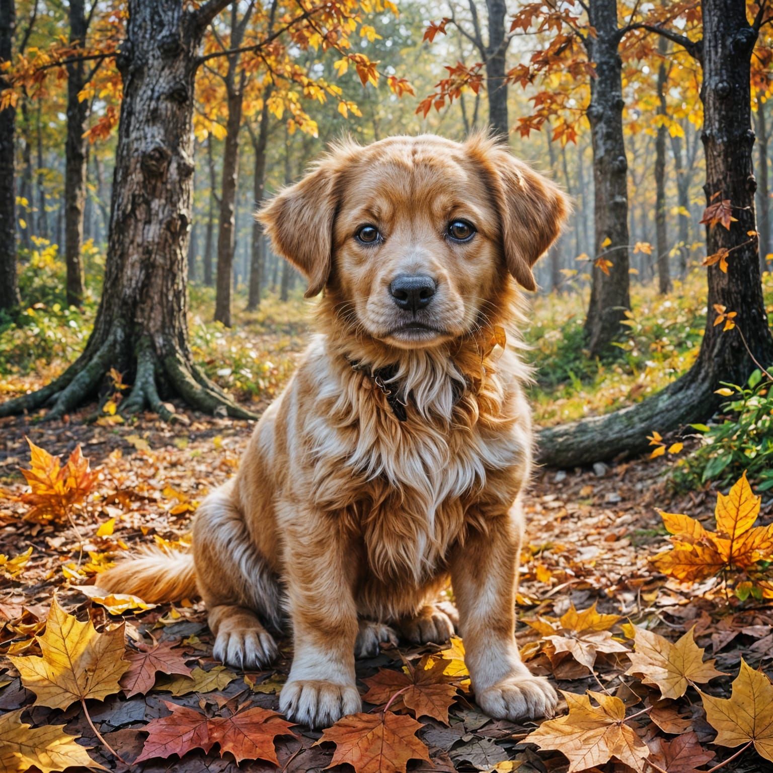 Playful Puppy Among Ethereal Autumn Leaves