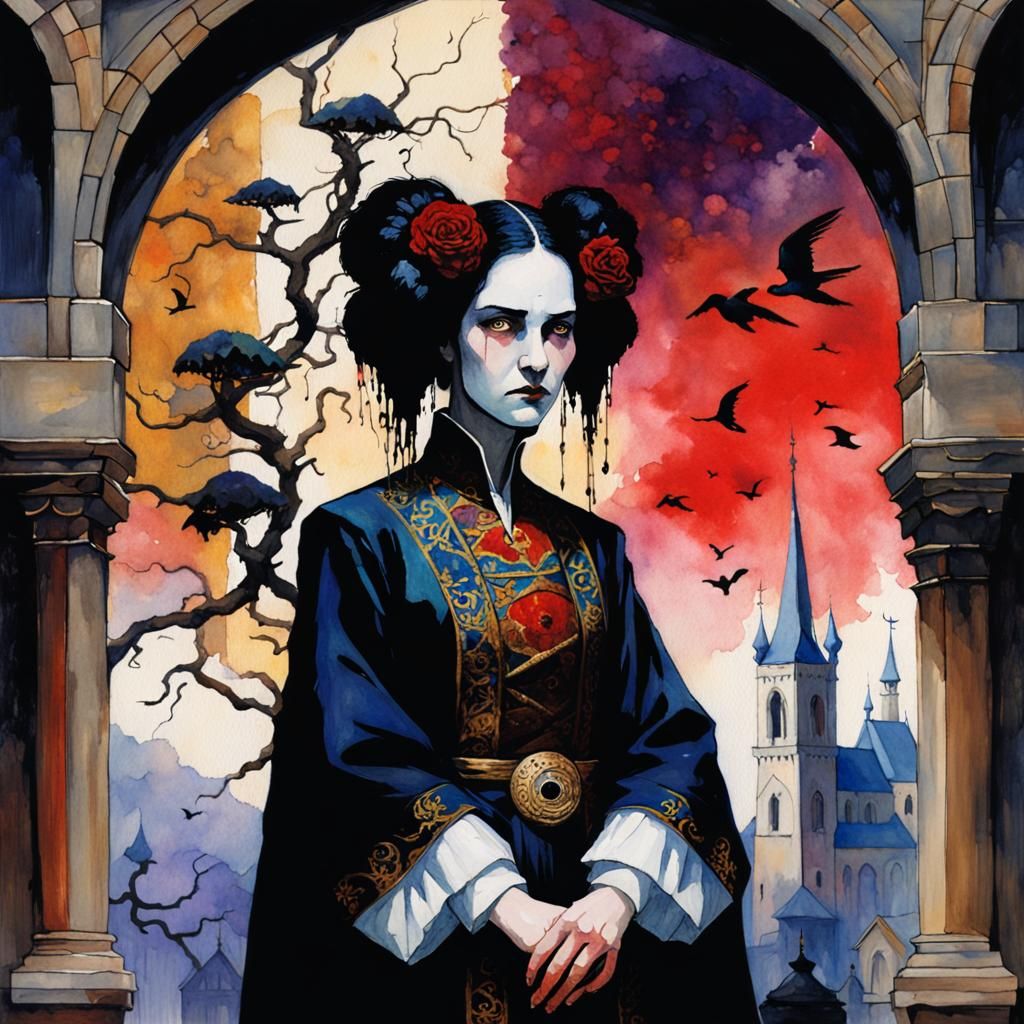 Gothic Woman Portrait in Watercolor Style