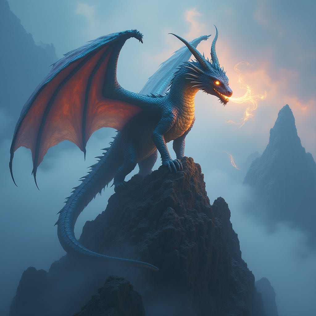 Majestic Dragon on Misty Mountain Peak in Digital Matte Pain...