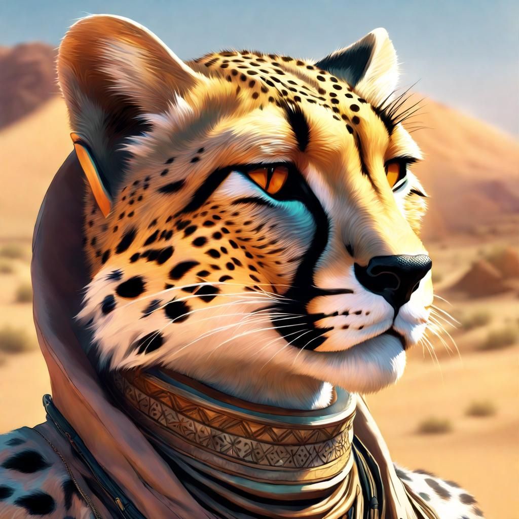 Cheetah Tabaxi Portrait in Hyperdetailed Desert Scene