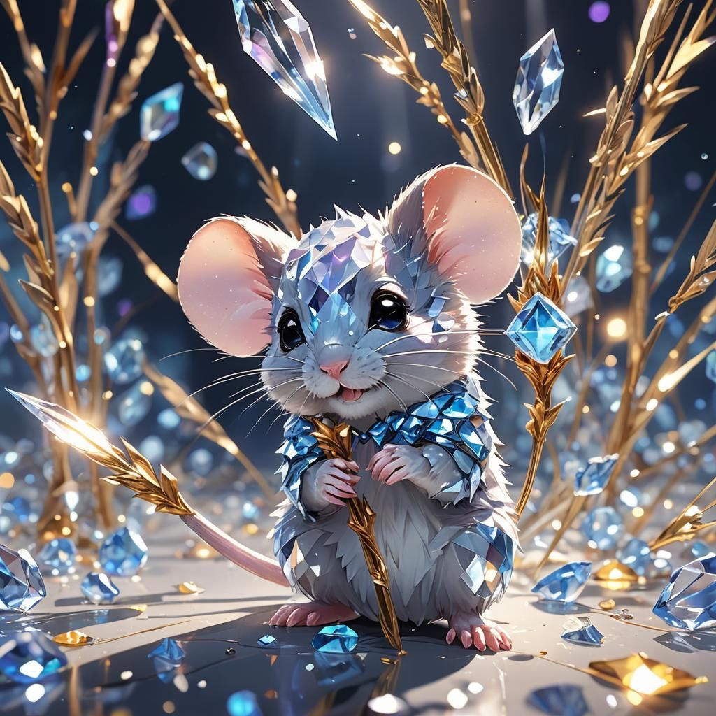 Crystal Mouse Holding Spikelet in 3D Anime Style