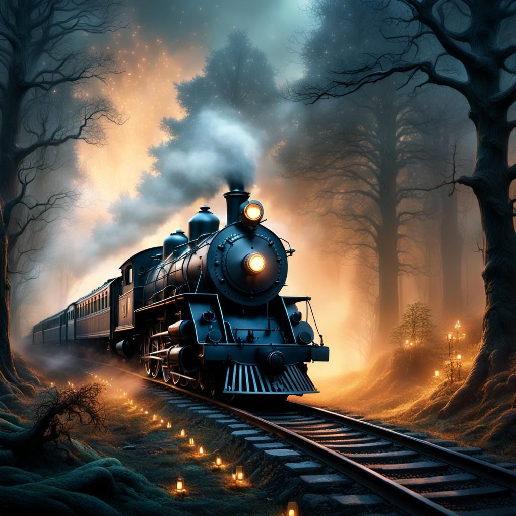 Ghost Train Appears at Midnight in Digital Painting
