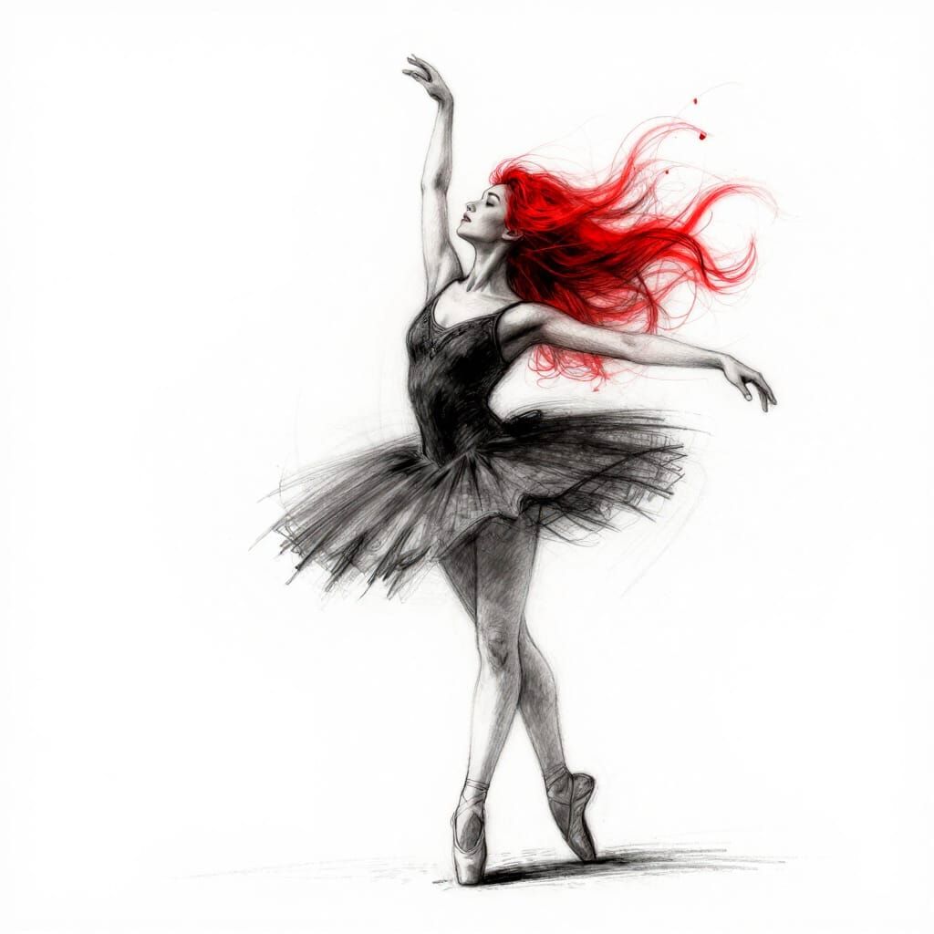 Ballerina with Chaotic Red Hair in Charcoal Sketch Style