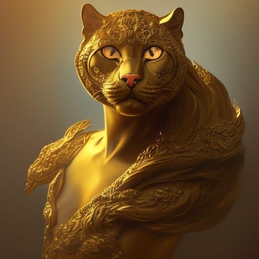 Golden Cat Statue Portrait in Hyperdetailed Style