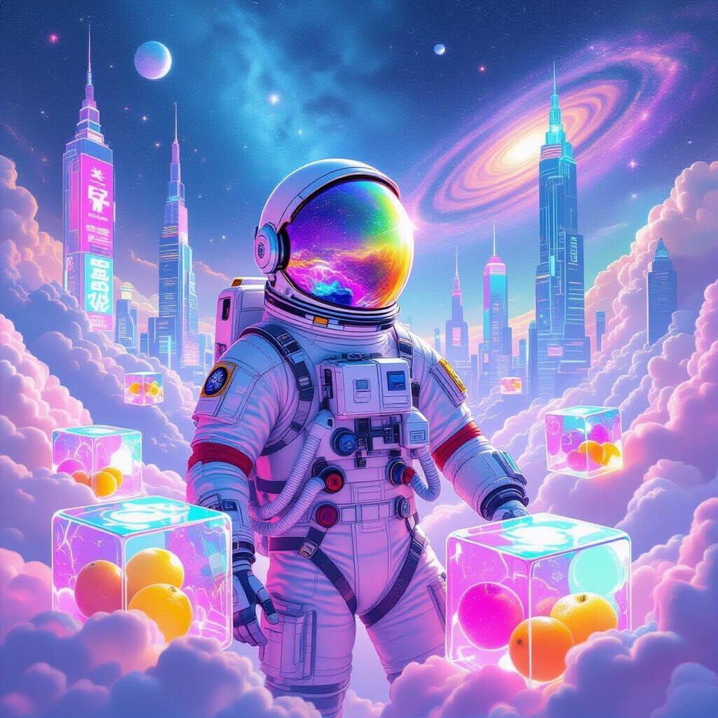 Astronaut in Spacesuit with Galactic Cityscape