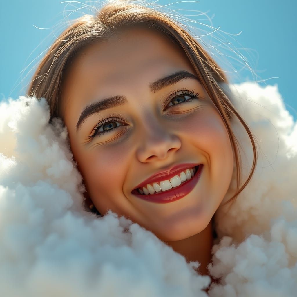 Confident Young Woman Embracing Cloudy Skies in Soft Focus P...
