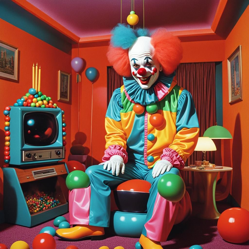 Retro Clown Creature in a Glitchy Sci-Fi Sitcom