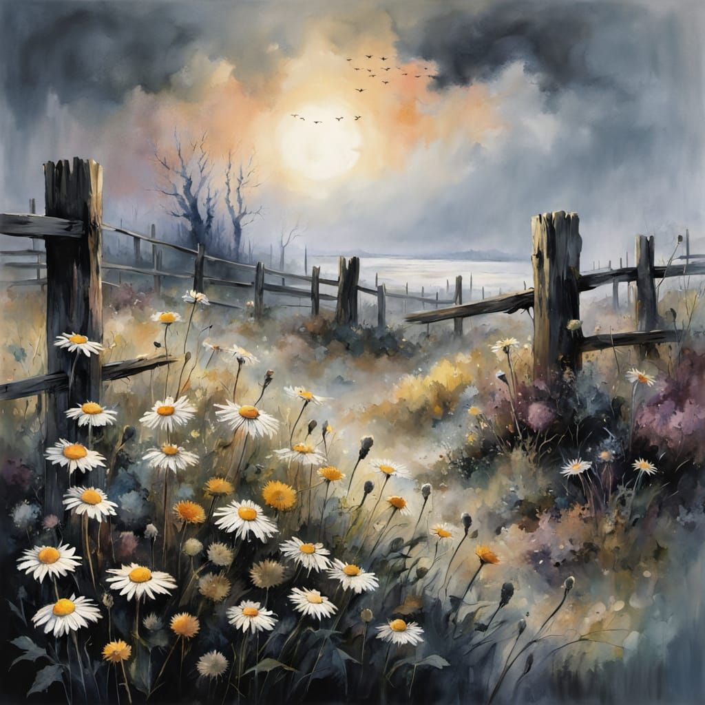 Dark Wildflowers by Weathered Fence in Watercolor