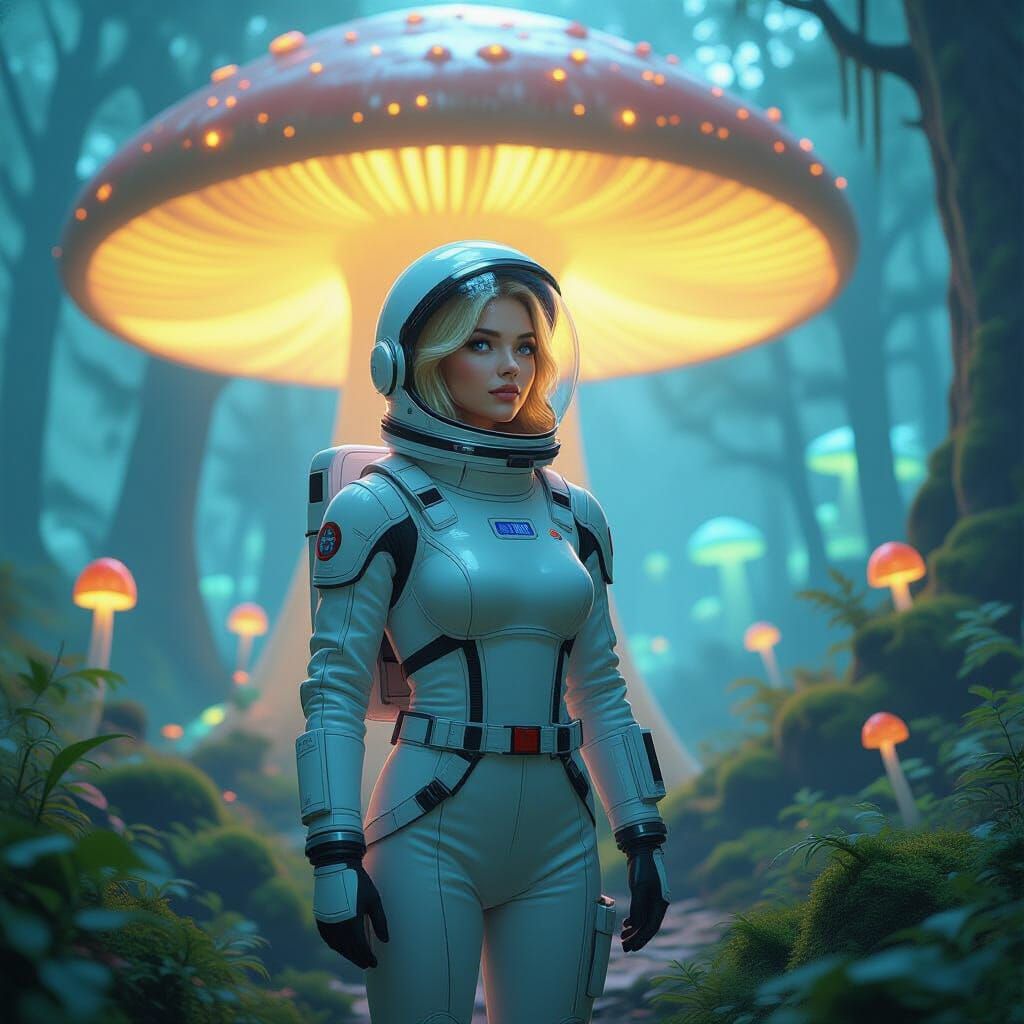 Blonde Astronaut on Bioluminescent Mushroom in Alien Forest