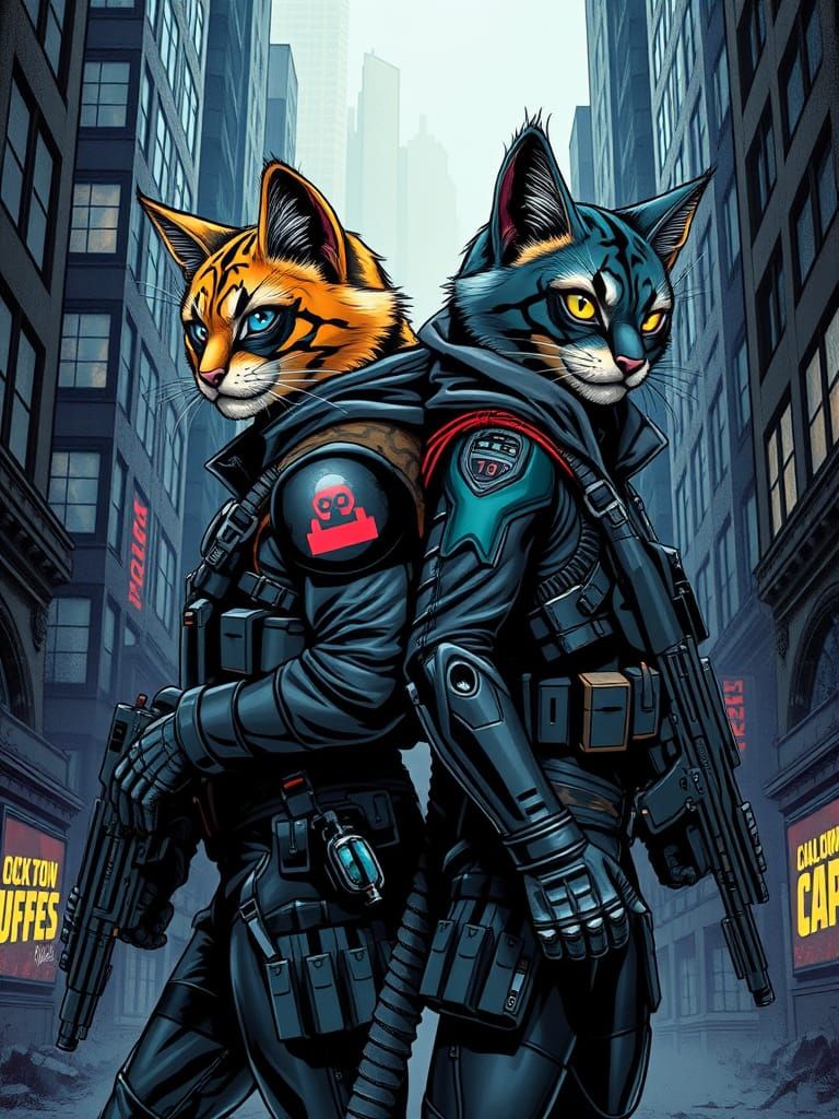 Feline Agents Stand Ready in Cyberpunk City