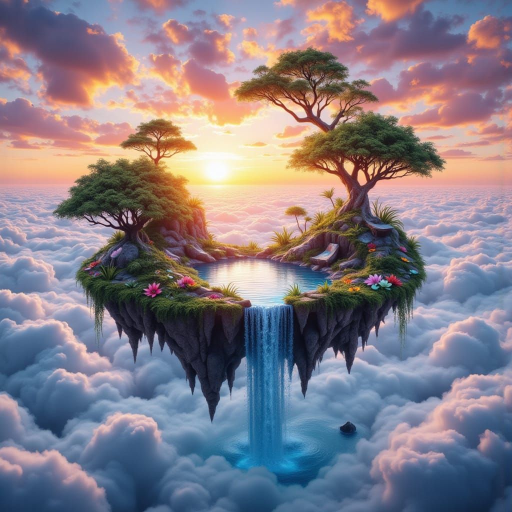 Surreal Floating Island at Sunset