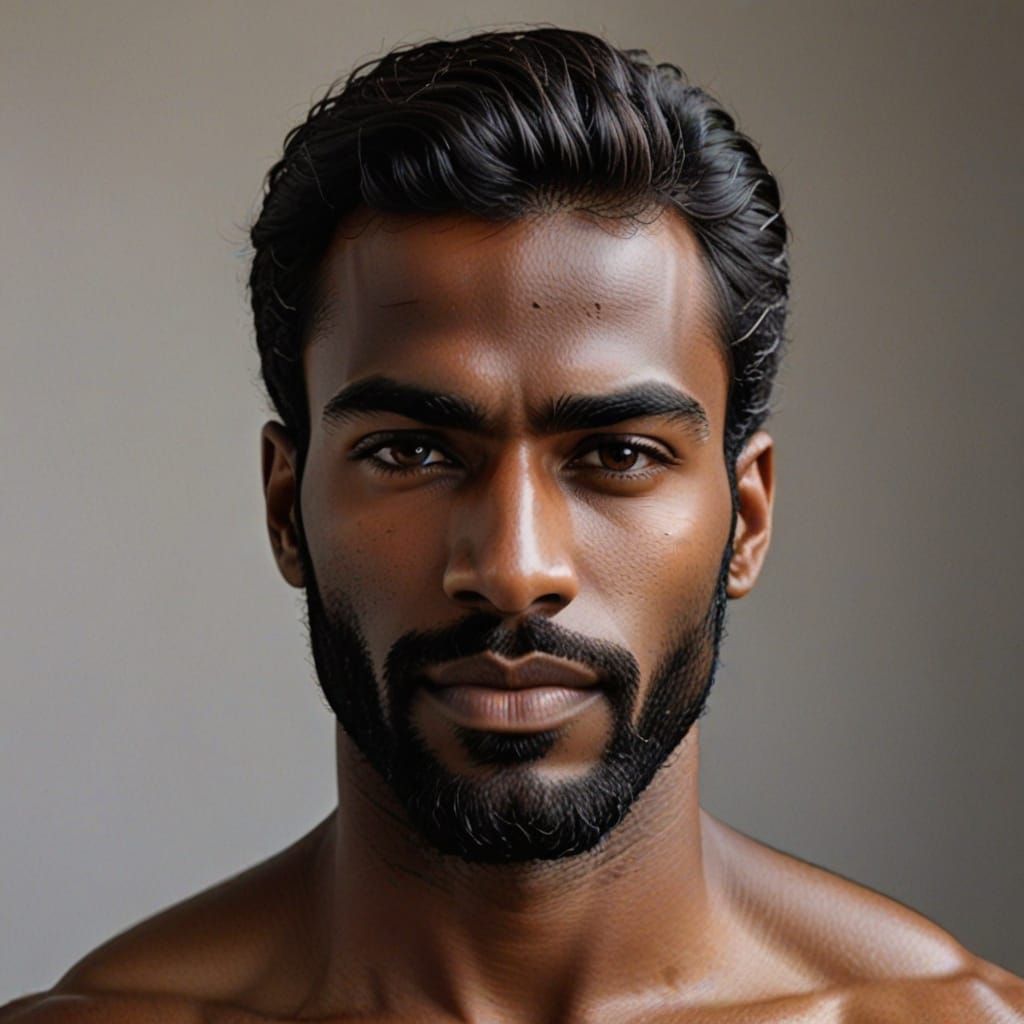 Hyperrealistic Portrait of a Shirtless Dark-Skinned Arabic M...