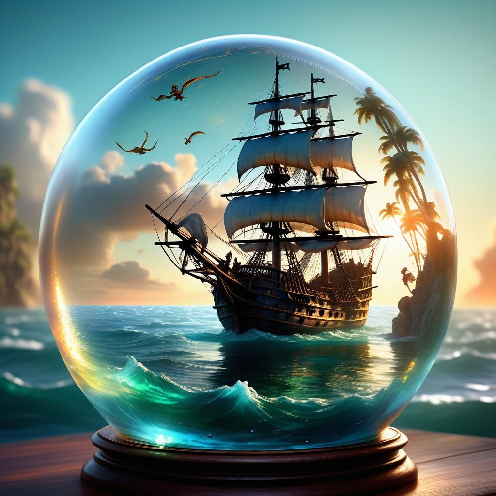 Glass Pirate Ship in a Bottle, Oil Painting