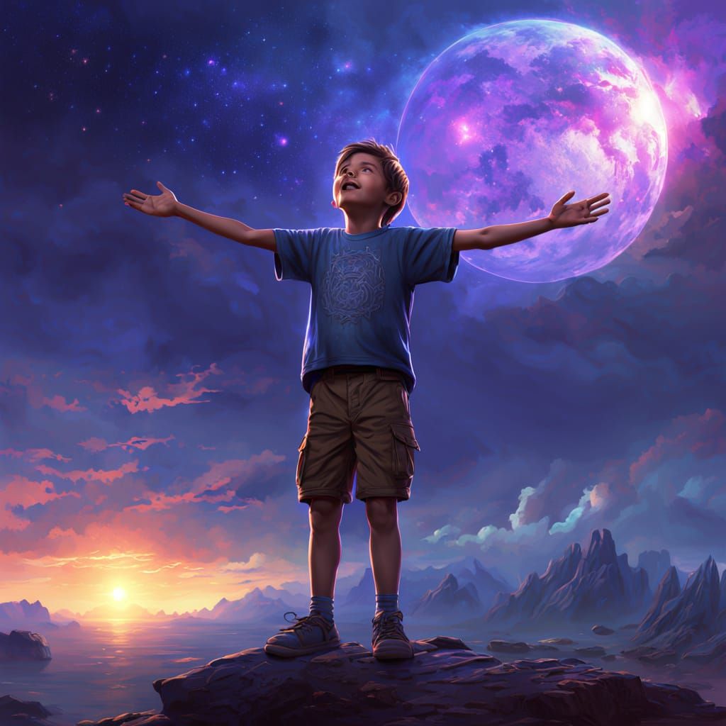 Radiant Boy Singing Under Starry Sky: Fantasy Art