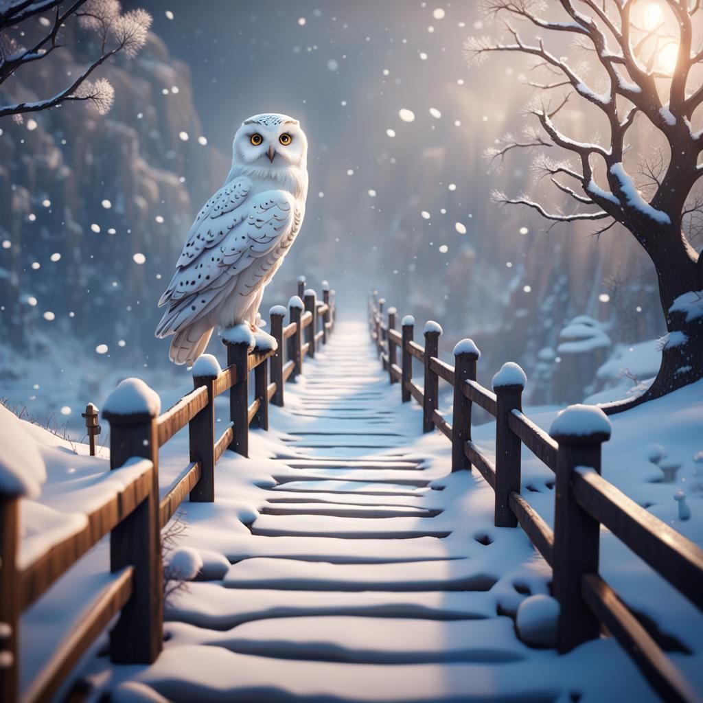 Snowy Bridge with Owl: Detailed Matte Painting
