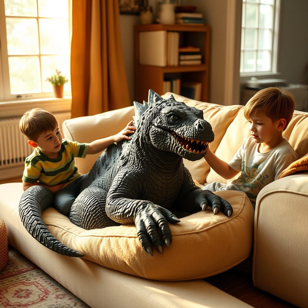 Godzilla as a Lovable Family Pet in a Cozy American Living R...
