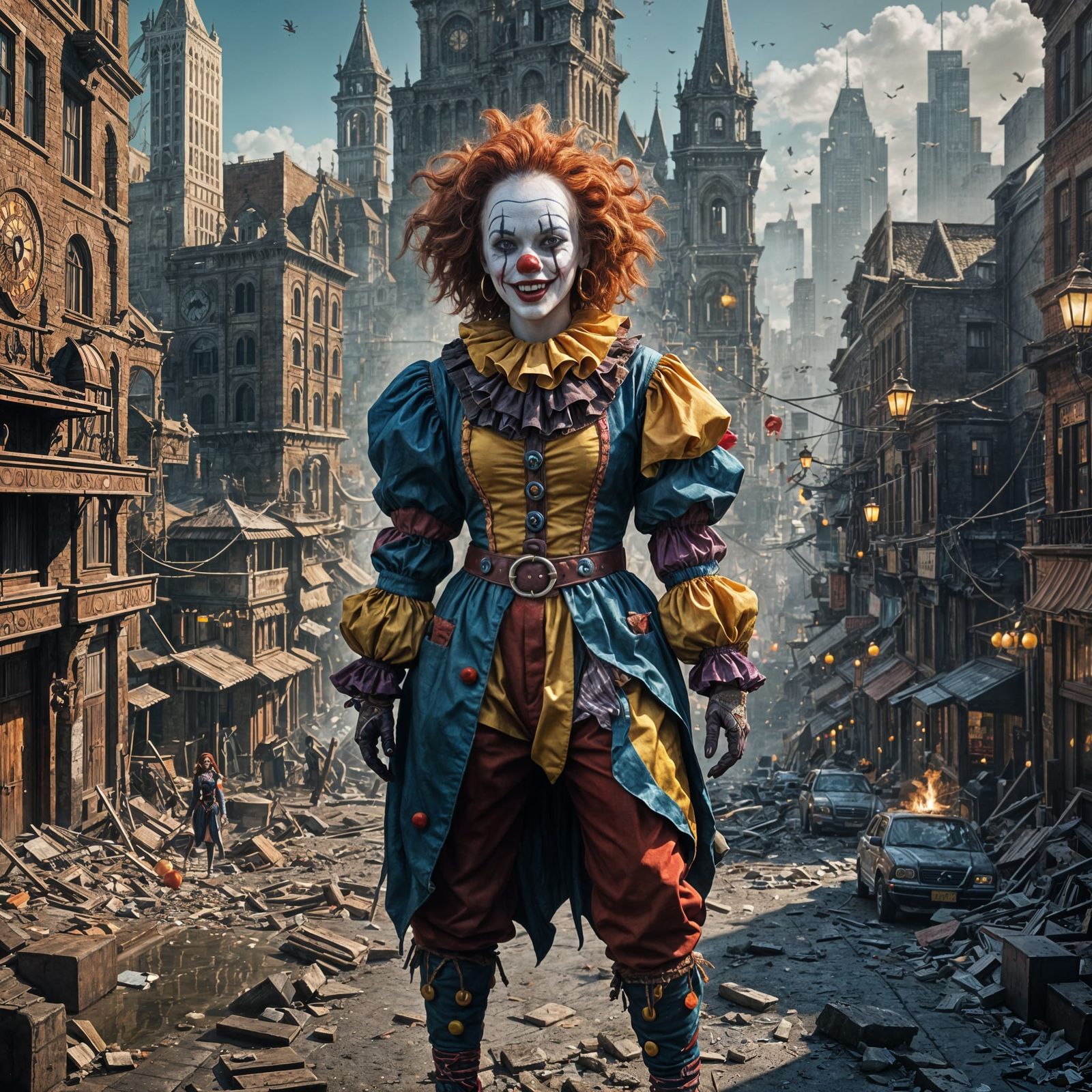Fantasy Clown Posing in Bustling Cityscape
