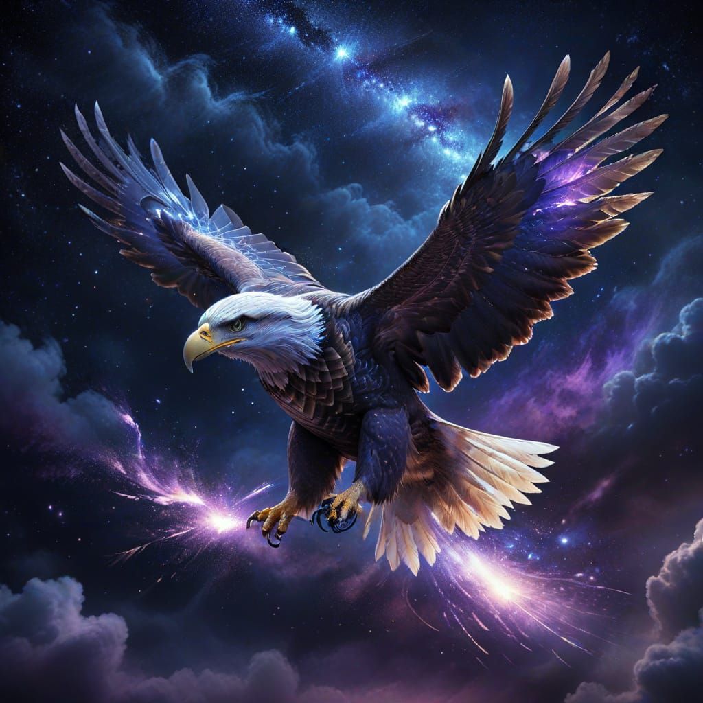 Majestic Eagle Soars Through Celestial Night Sky