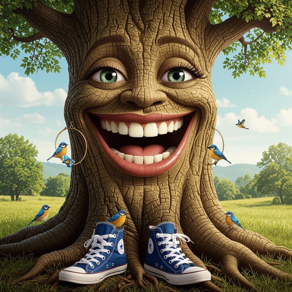 Anamorphic Smiling Tree with Hoop Earrings and Sneakers
