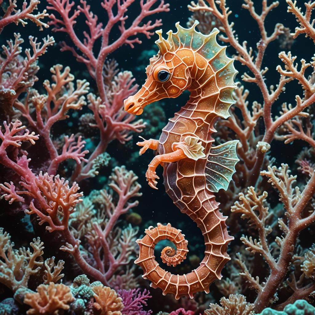 Bioluminescent Seahorse in Vibrant Coral Reef